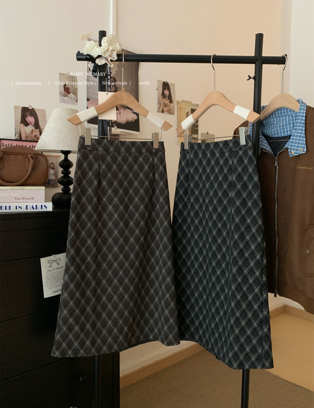 Long plaid long skirt A-line autumn and winter skirt