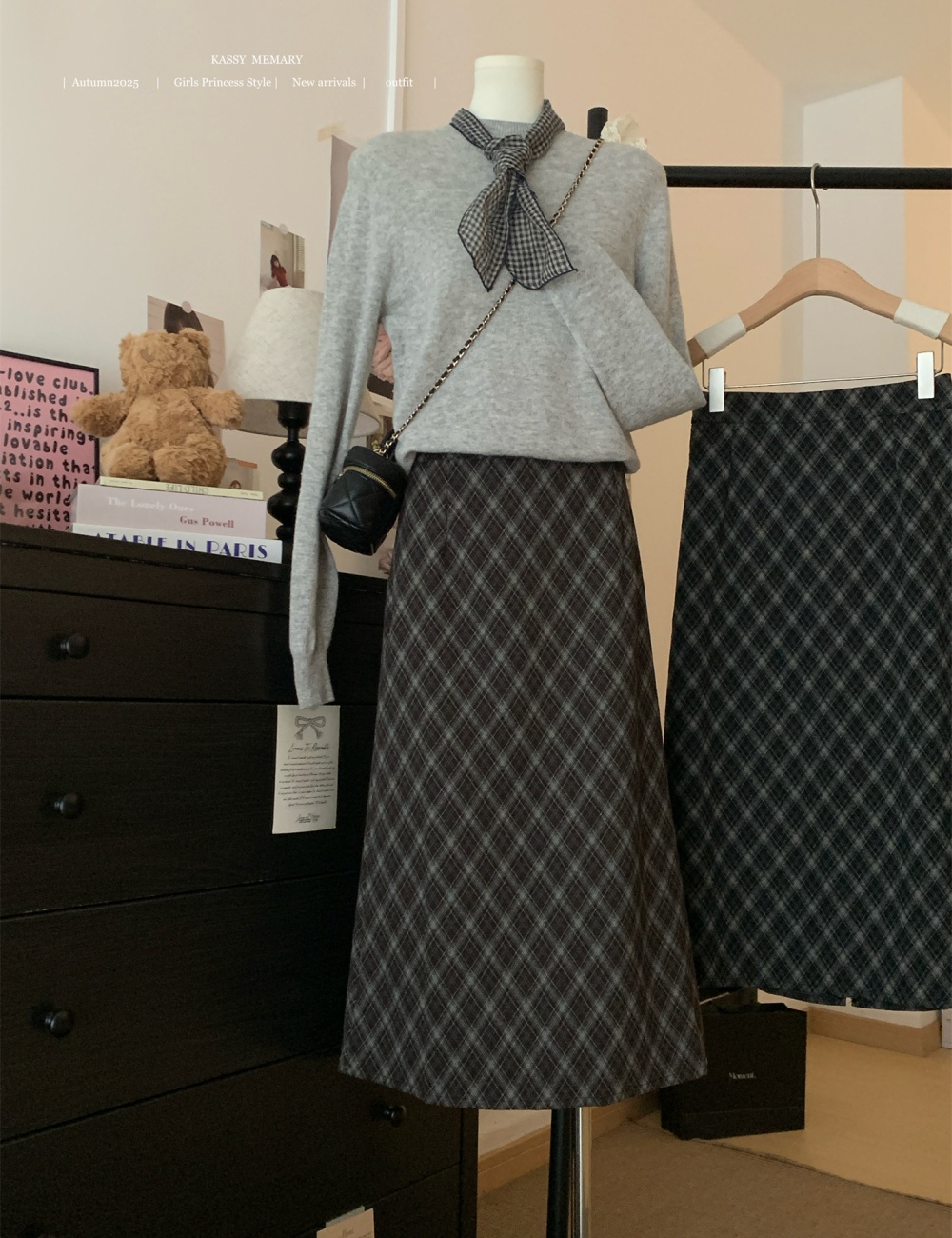 Long plaid long skirt A-line autumn and winter skirt