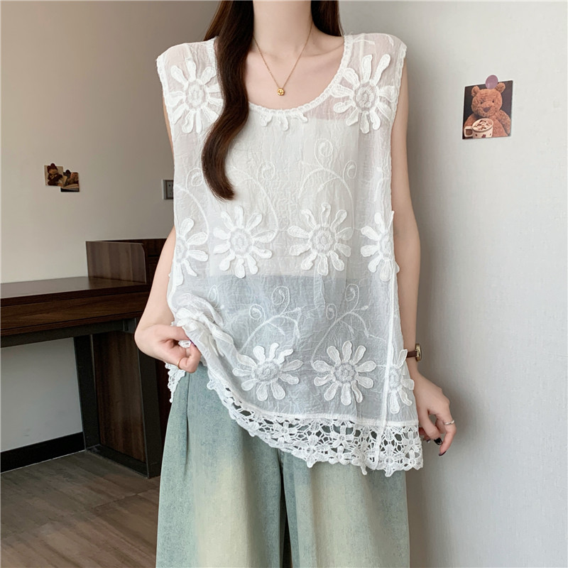 Sleeveless flowers vest summer embroidery tops for women