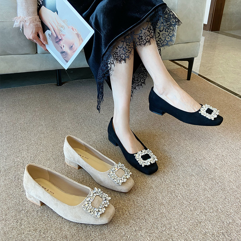 All-match thick side buckle rhinestone low shoes