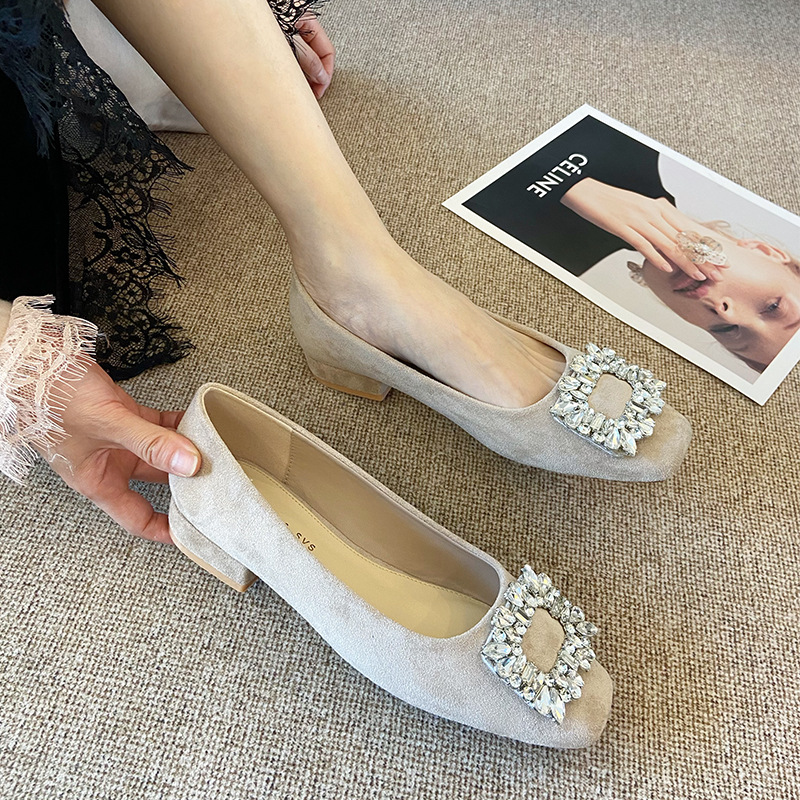 All-match thick side buckle rhinestone low shoes