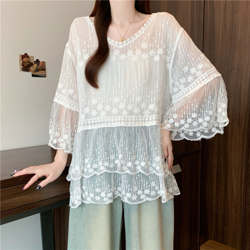Lace Cover belly retro trumpet sleeves sun shirt
