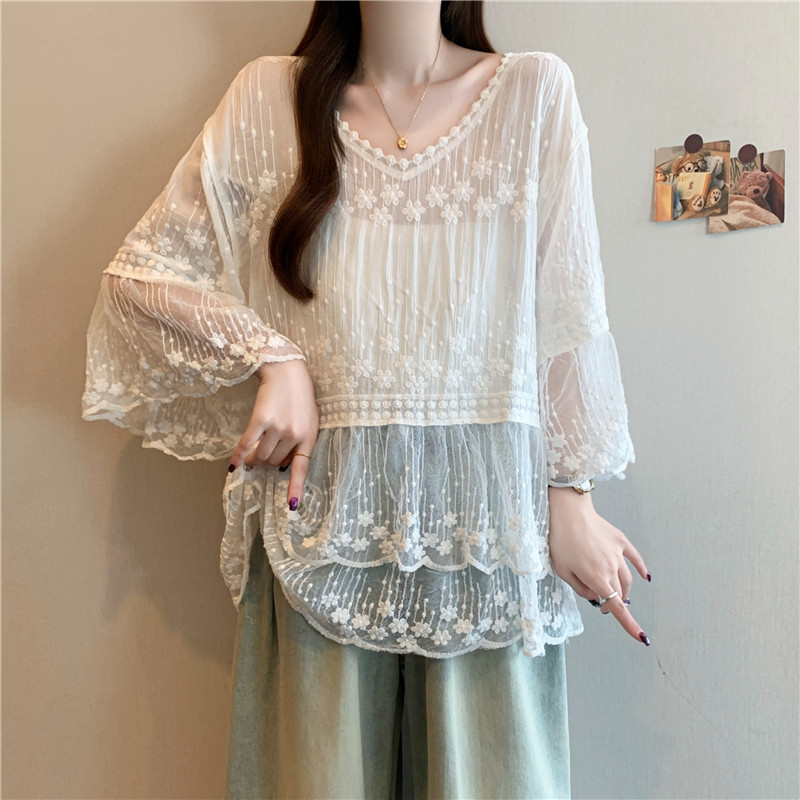 Lace Cover belly retro trumpet sleeves sun shirt