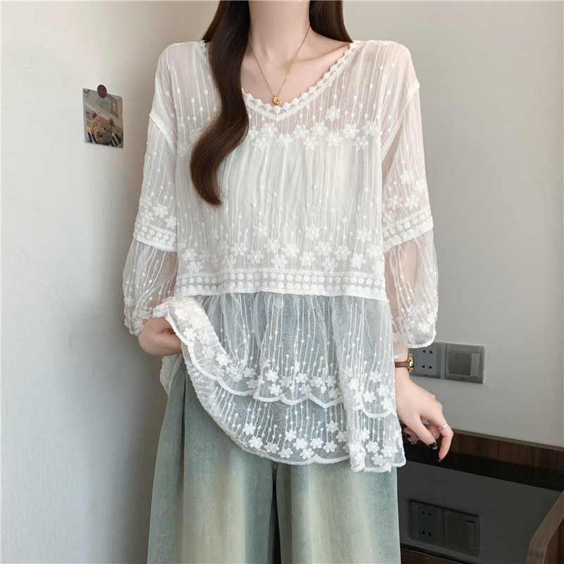 Lace Cover belly retro trumpet sleeves sun shirt
