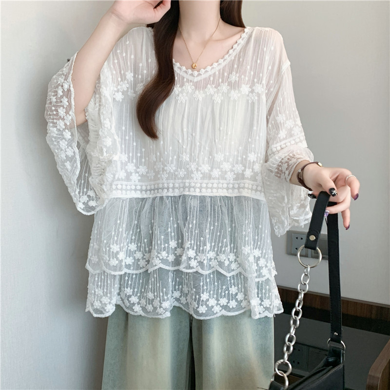 Lace Cover belly retro trumpet sleeves sun shirt