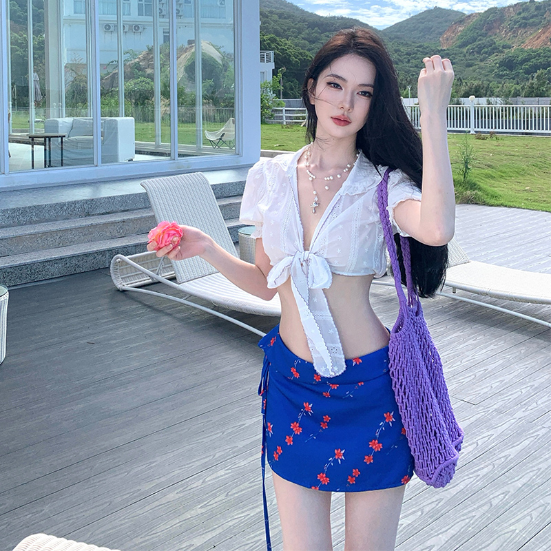 White jacquard A-line shirt France style hollow skirt a set