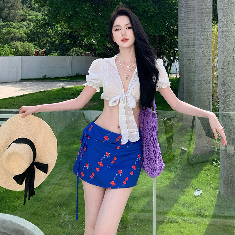 White jacquard A-line shirt France style hollow skirt a set