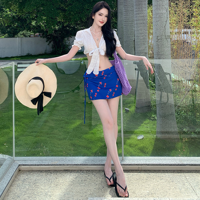 White jacquard A-line shirt France style hollow skirt a set