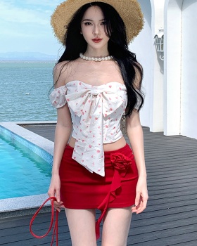 Floral bow short skirt red skirt 2pcs set for women