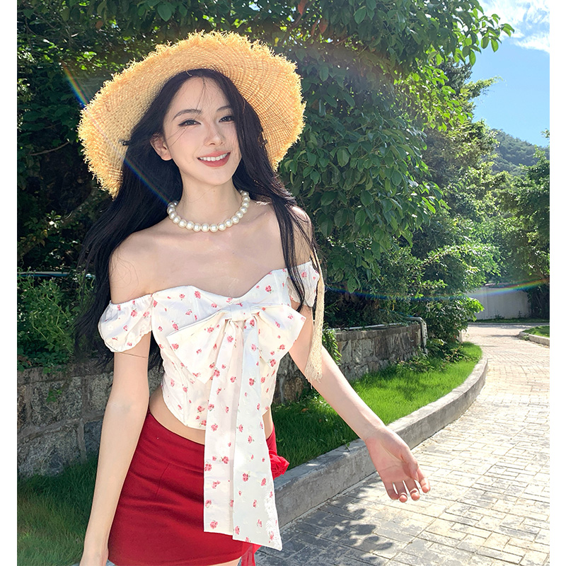 Floral bow short skirt red skirt 2pcs set for women