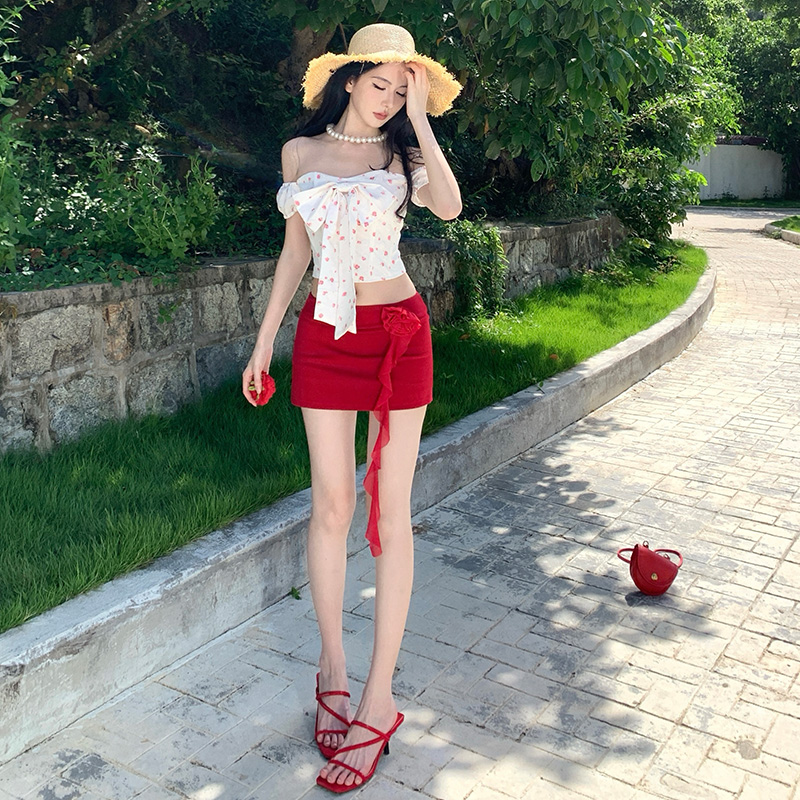 Floral bow short skirt red skirt 2pcs set for women