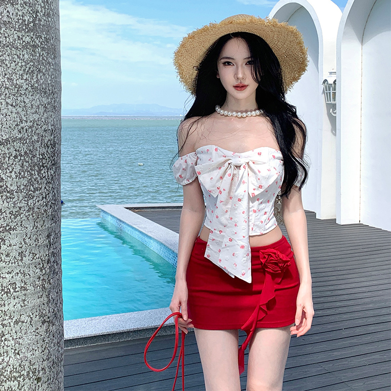 Floral bow short skirt red skirt 2pcs set for women