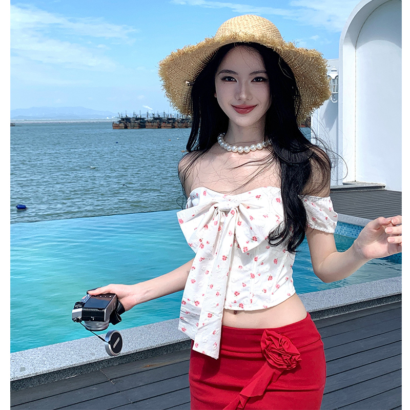 Floral bow short skirt red skirt 2pcs set for women