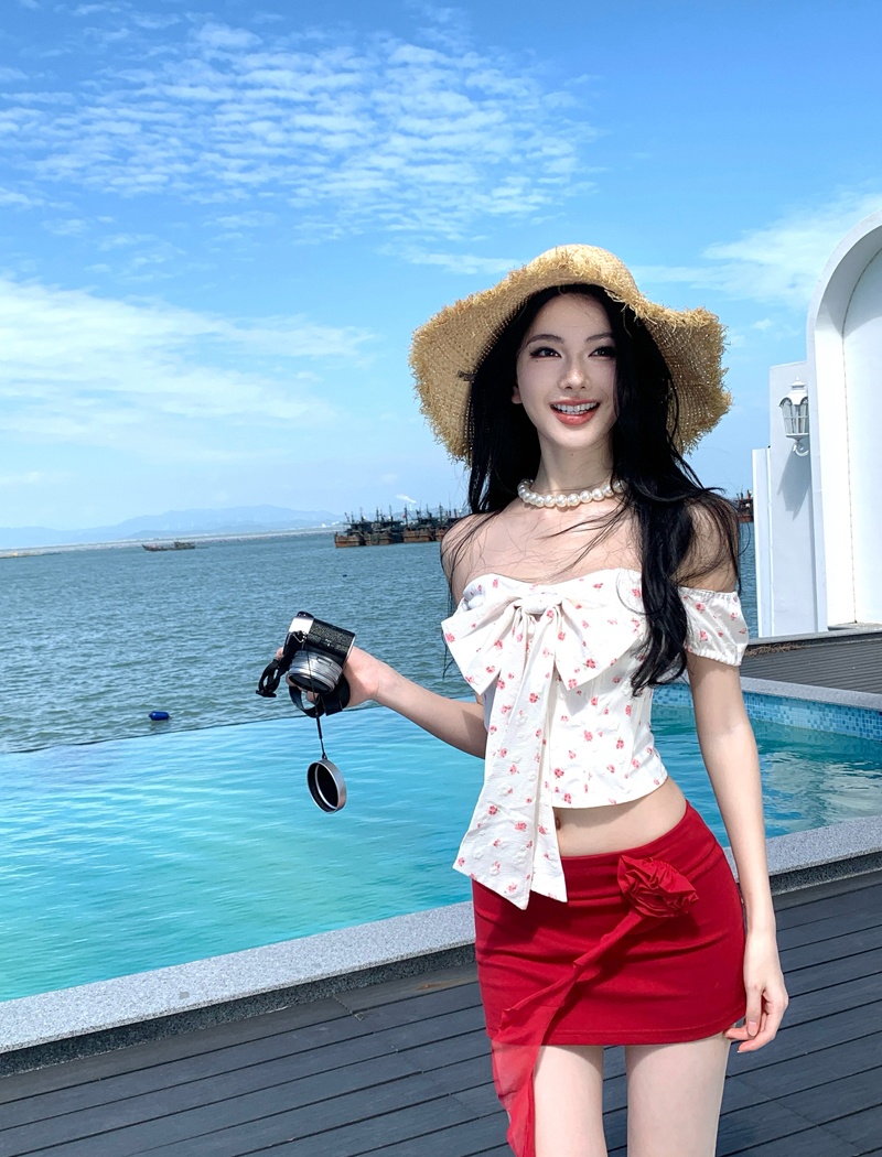 Floral bow short skirt red skirt 2pcs set for women