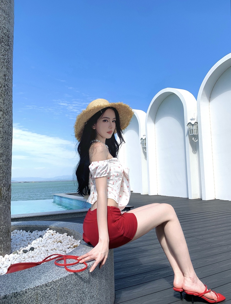 Floral bow short skirt red skirt 2pcs set for women