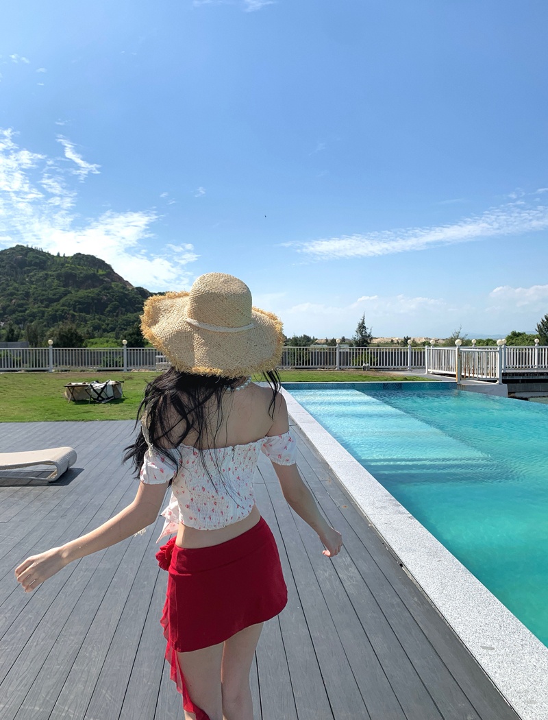 Floral bow short skirt red skirt 2pcs set for women