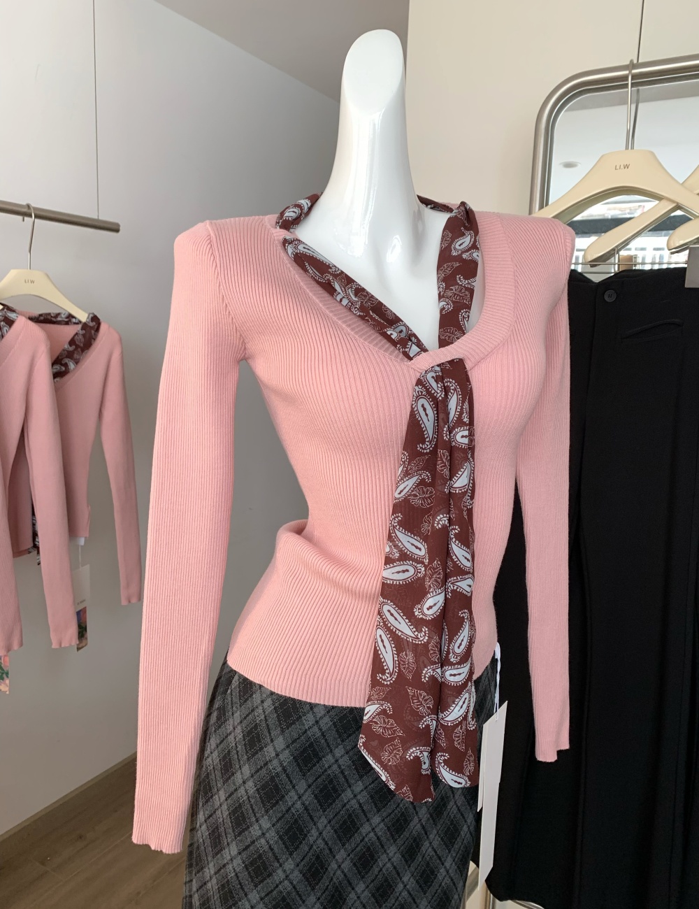 Polka dot pink tops V-neck temperament scarves for women