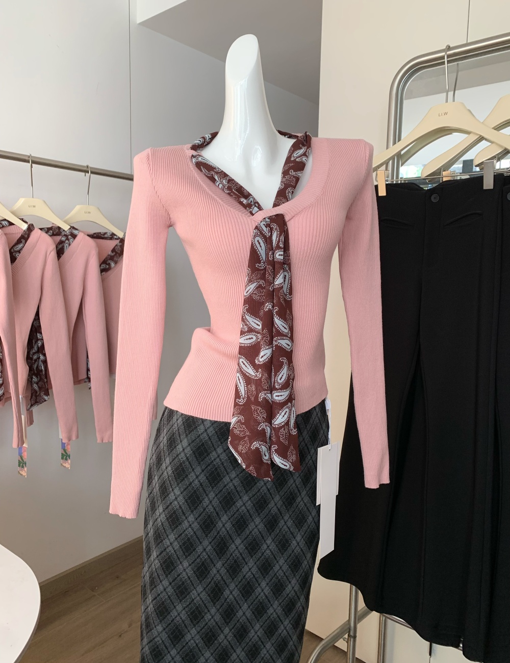 Polka dot pink tops V-neck temperament scarves for women