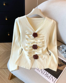 Cstand collar slim tops V-neck rose bottoming shirt