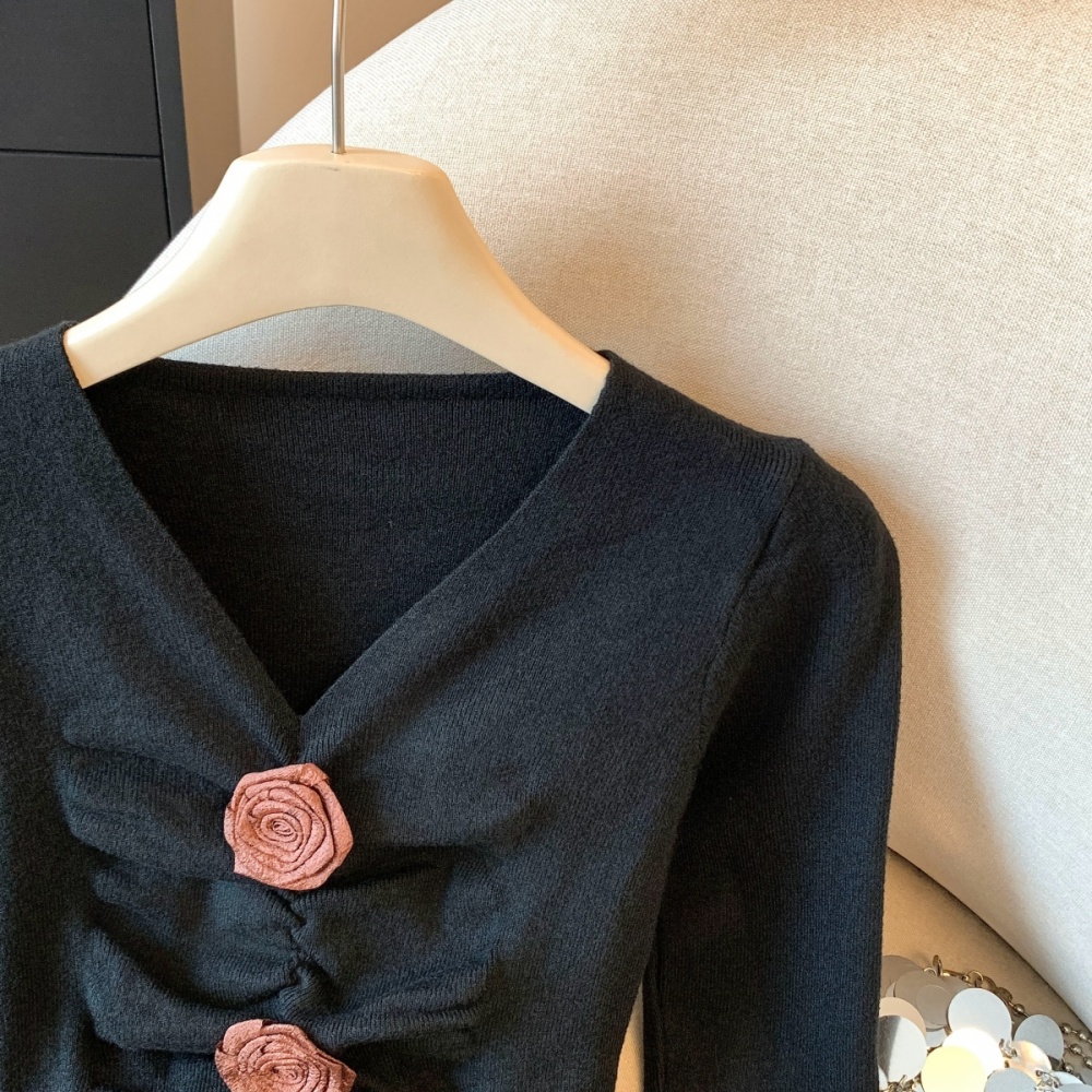 Cstand collar slim tops V-neck rose bottoming shirt