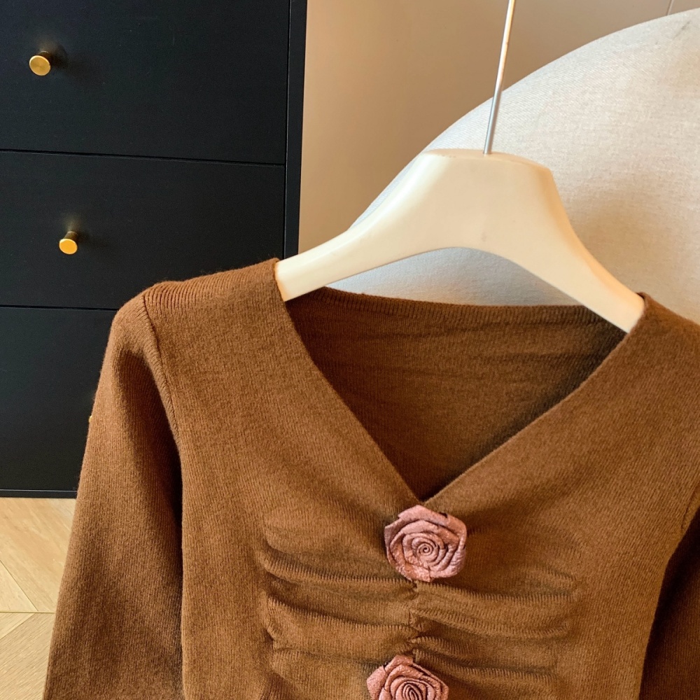 Cstand collar slim tops V-neck rose bottoming shirt