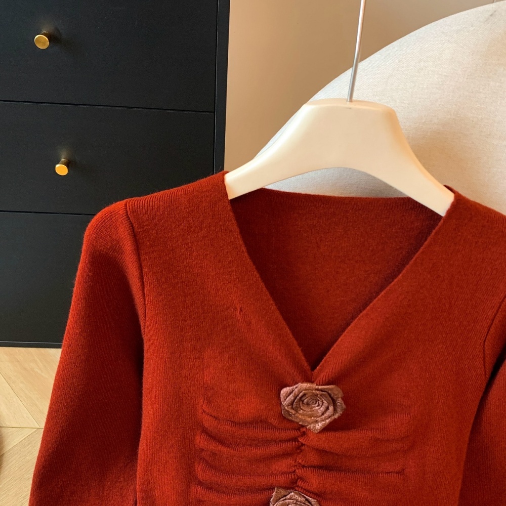 Cstand collar slim tops V-neck rose bottoming shirt