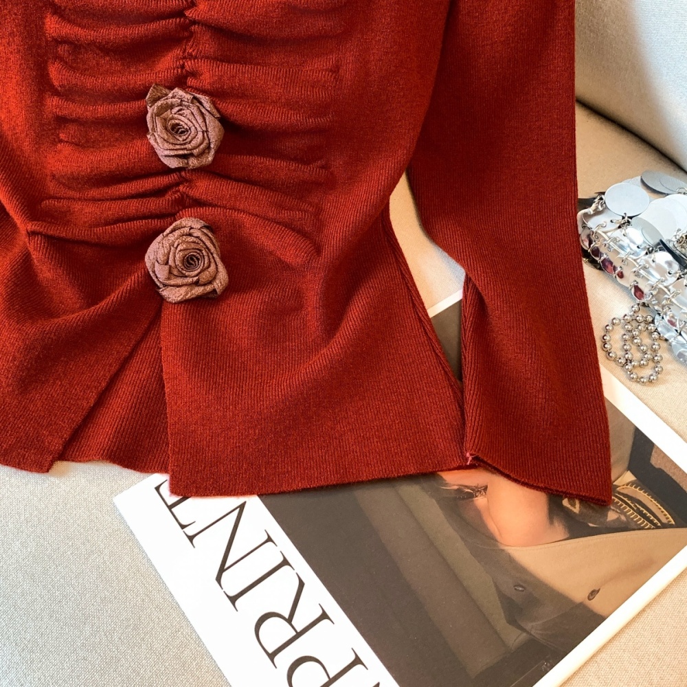 Cstand collar slim tops V-neck rose bottoming shirt