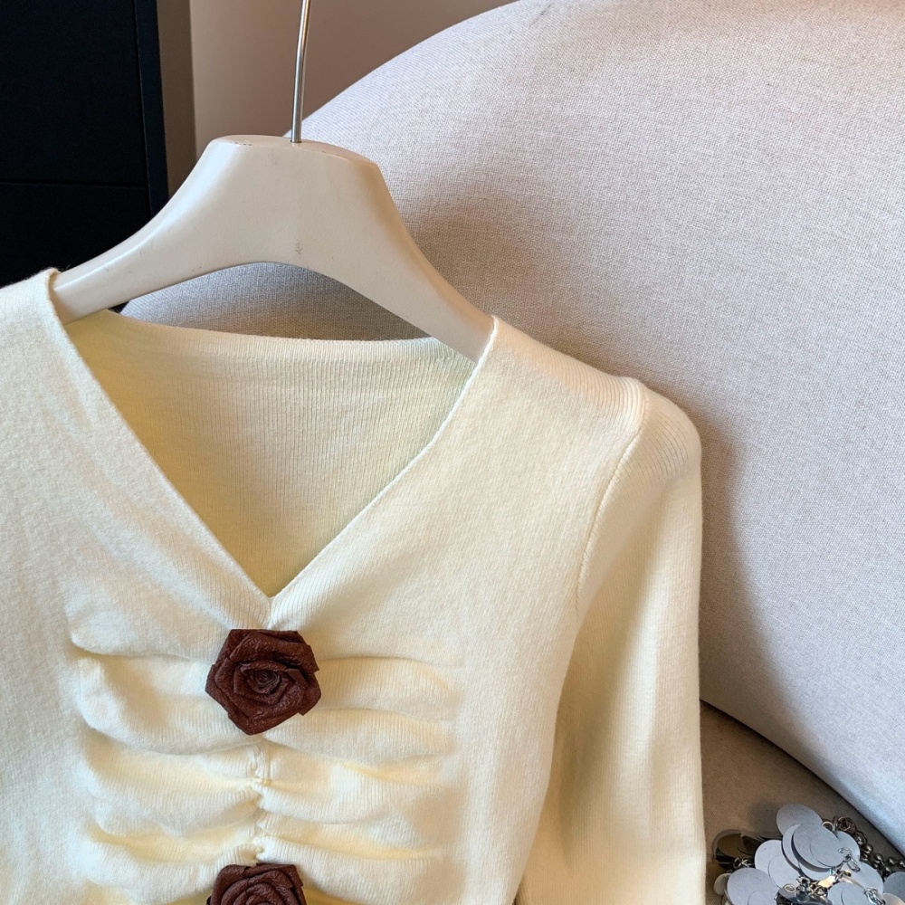 Cstand collar slim tops V-neck rose bottoming shirt