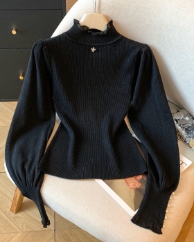 Lantern sleeve pearl collar slim autumn and winter tops