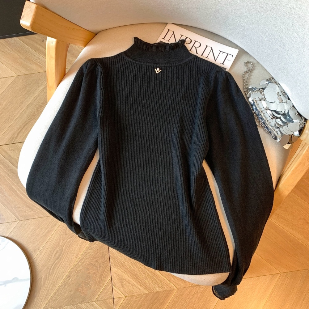 Lantern sleeve pearl collar slim autumn and winter tops