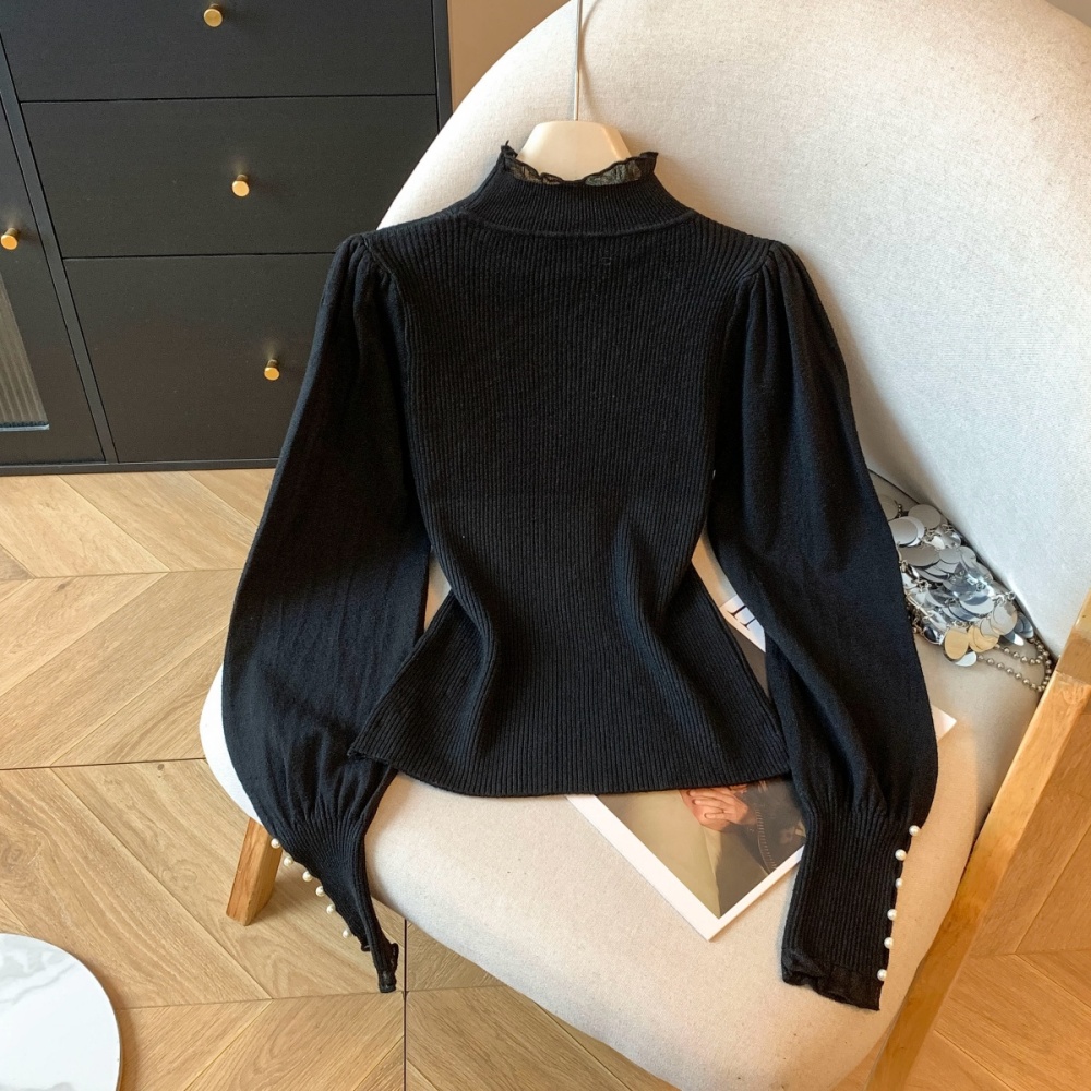 Lantern sleeve pearl collar slim autumn and winter tops