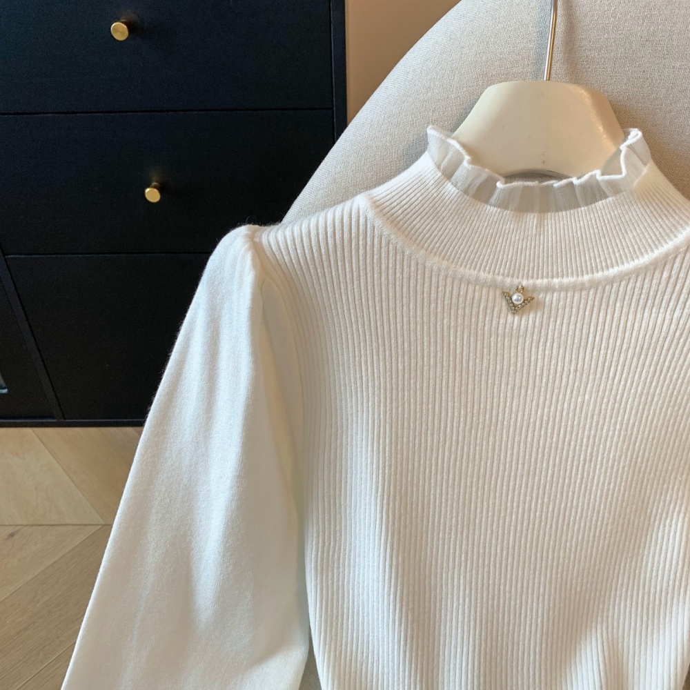 Lantern sleeve pearl collar slim autumn and winter tops