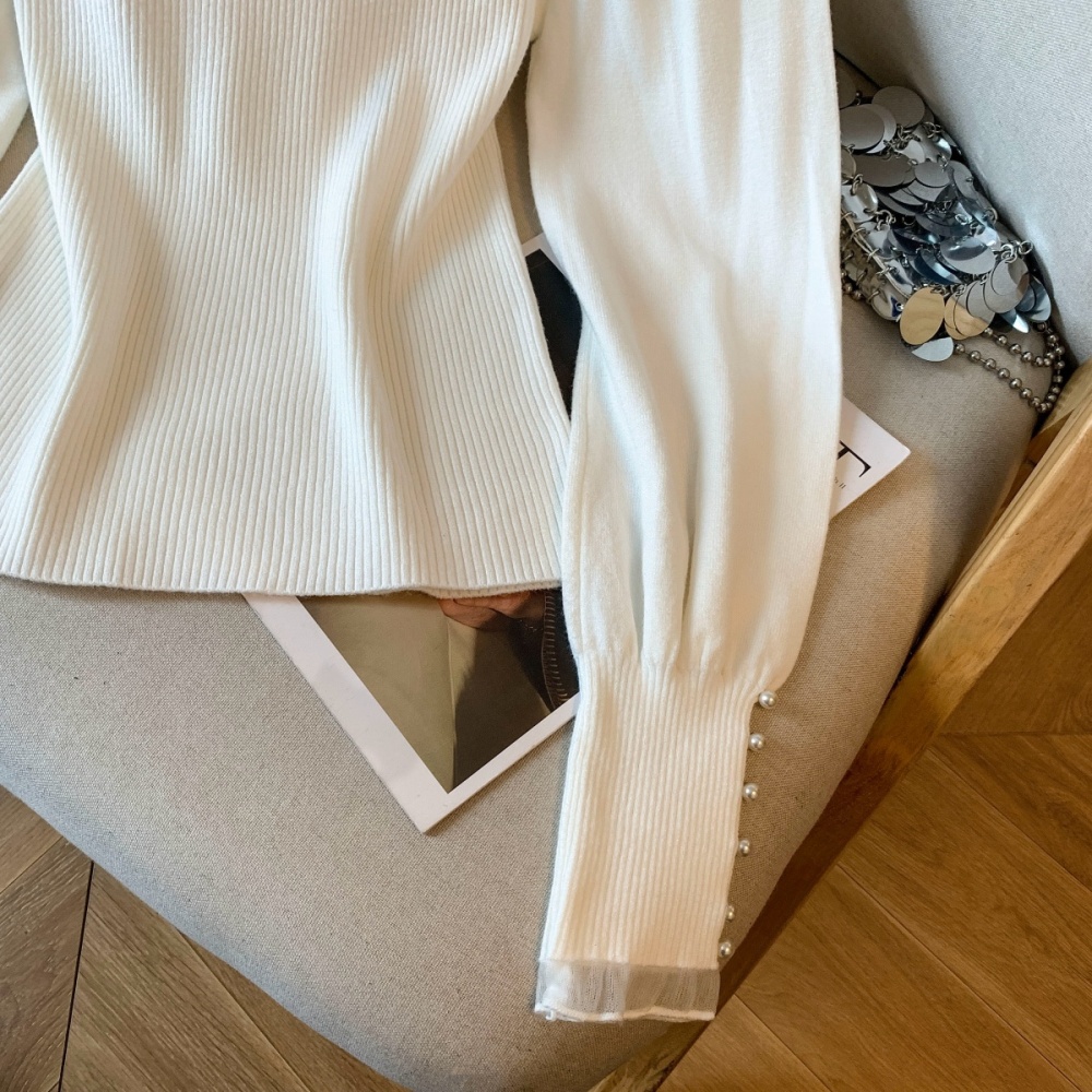 Lantern sleeve pearl collar slim autumn and winter tops