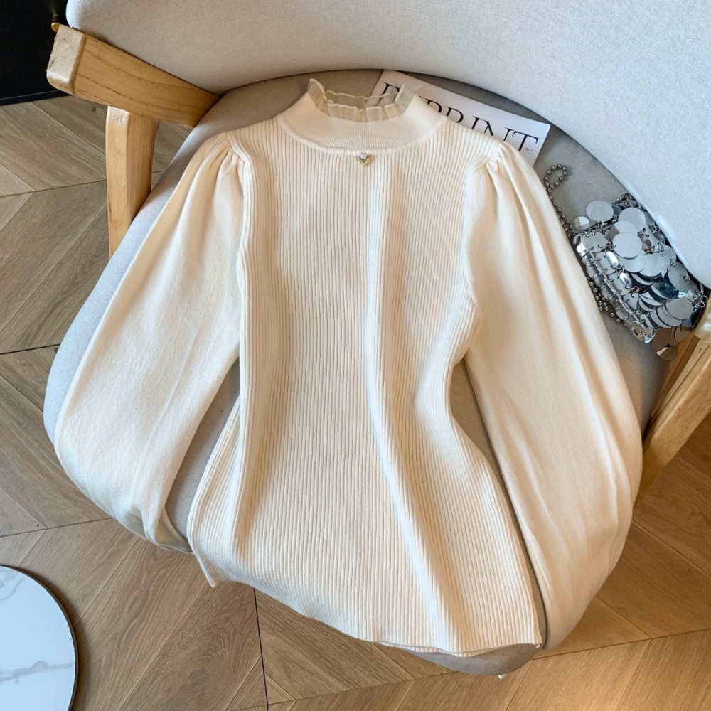 Lantern sleeve pearl collar slim autumn and winter tops