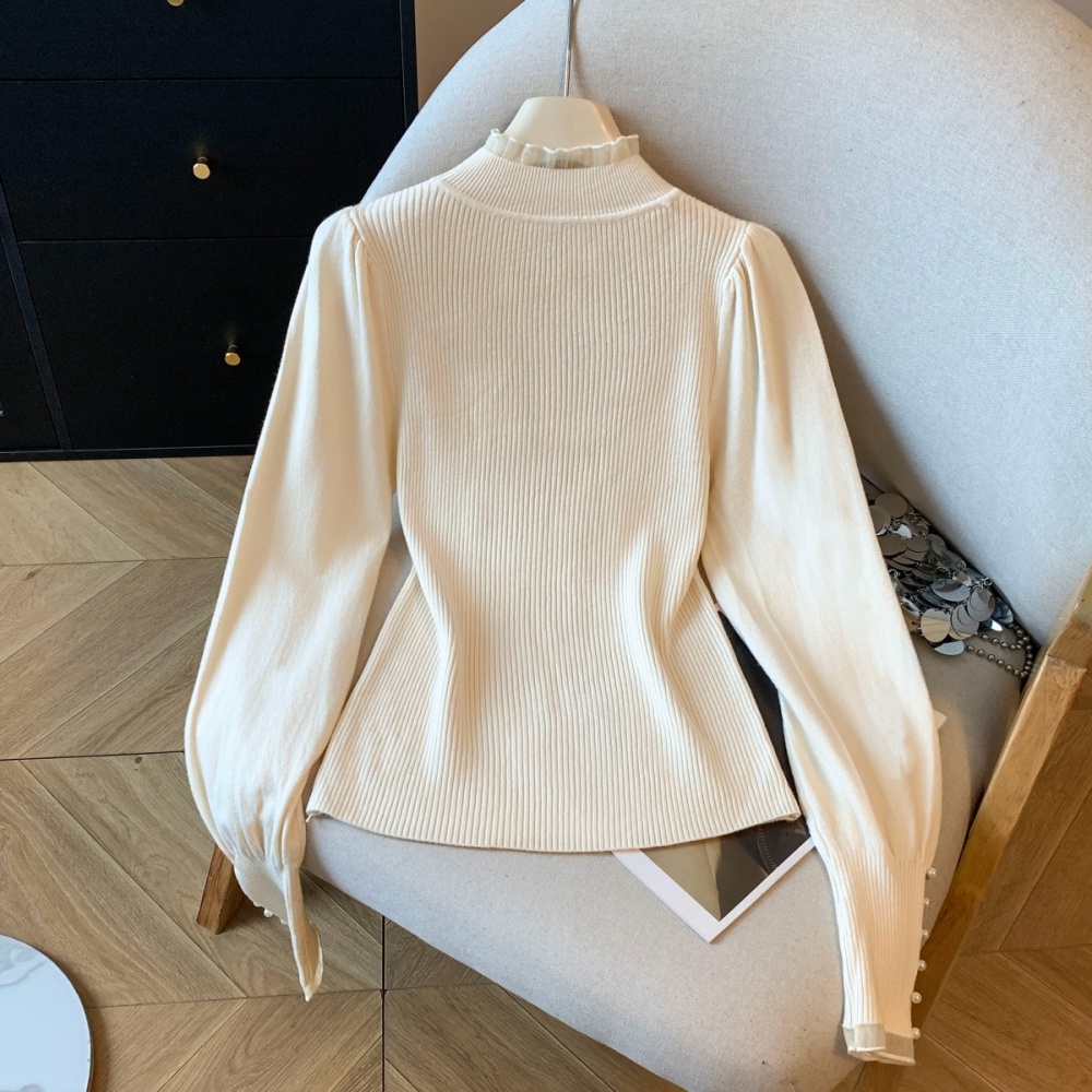Lantern sleeve pearl collar slim autumn and winter tops