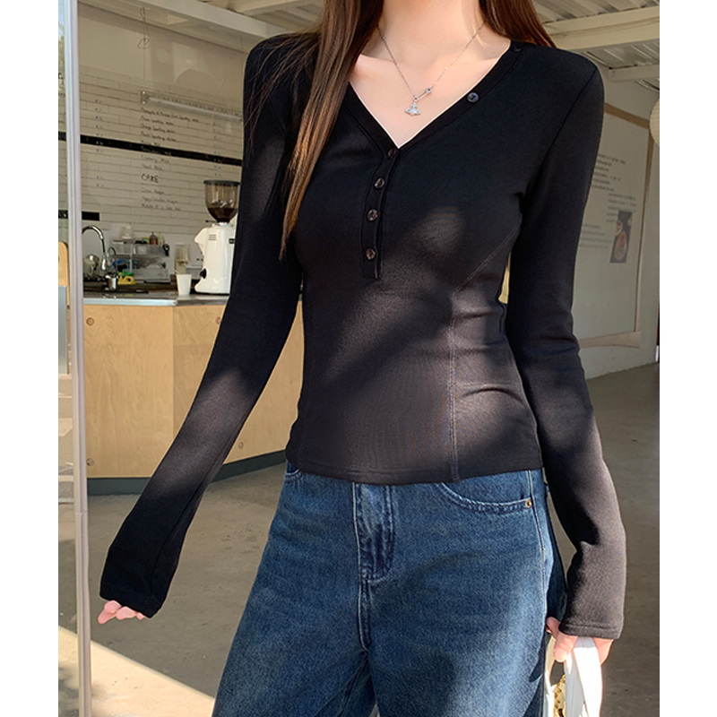 V-neck thick bottoming shirt long sleeve slim T-shirt