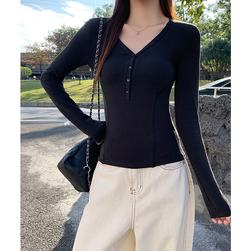 V-neck thick bottoming shirt long sleeve slim T-shirt