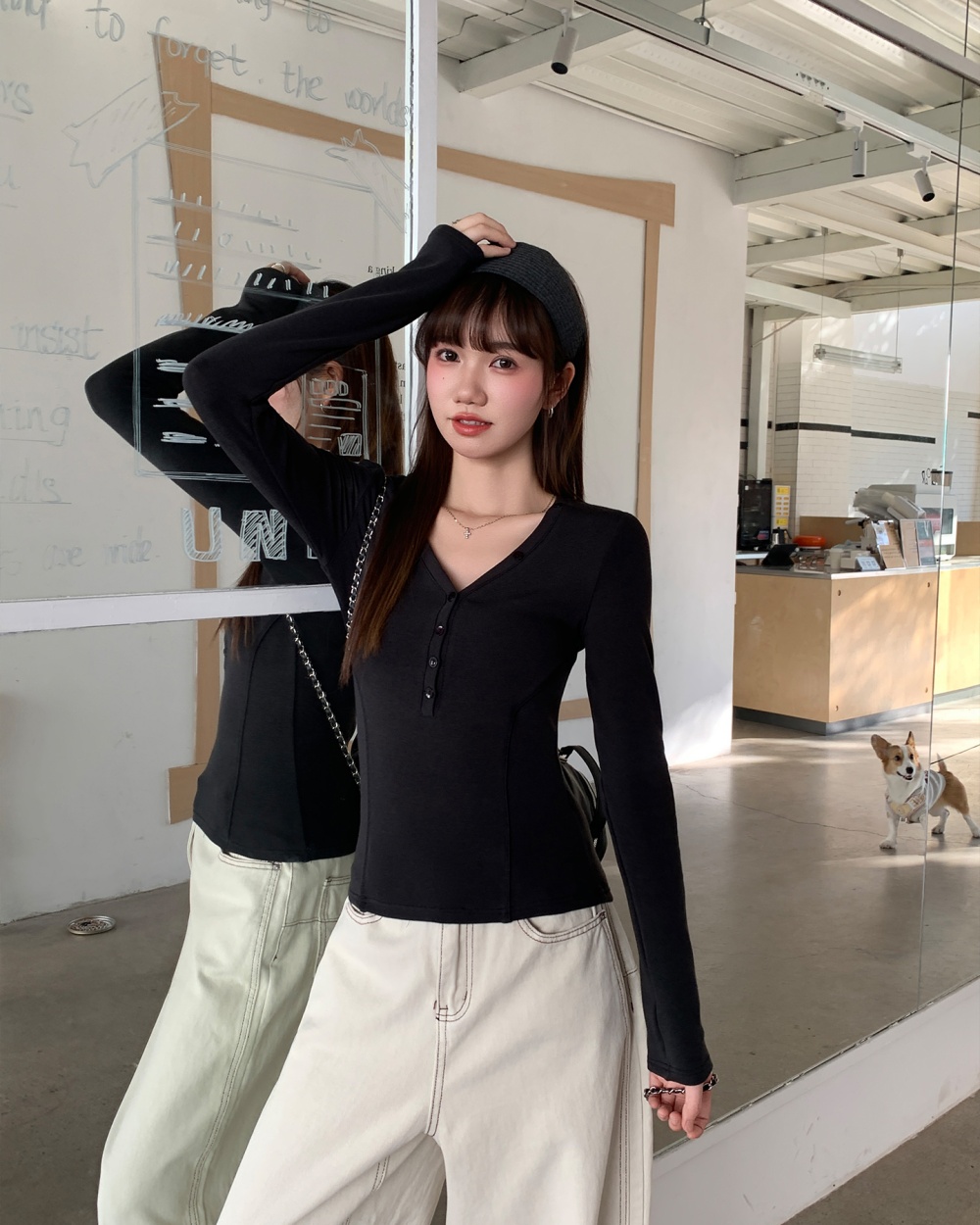 V-neck thick bottoming shirt long sleeve slim T-shirt