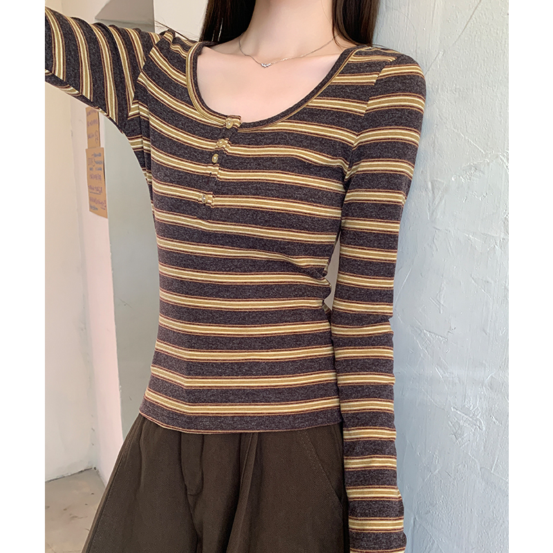 U-neck stripe bottoming shirt inside the ride slim tops