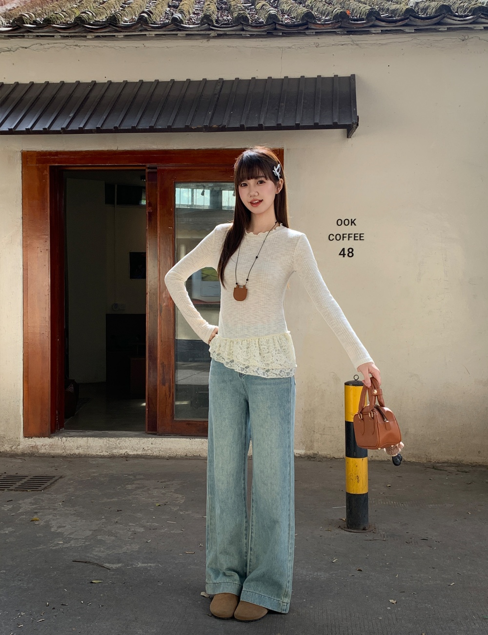 Apricot irregular T-shirt slim tops for women