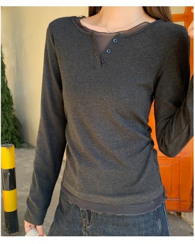 Gray splice gauze long sleeve autumn show young T-shirt