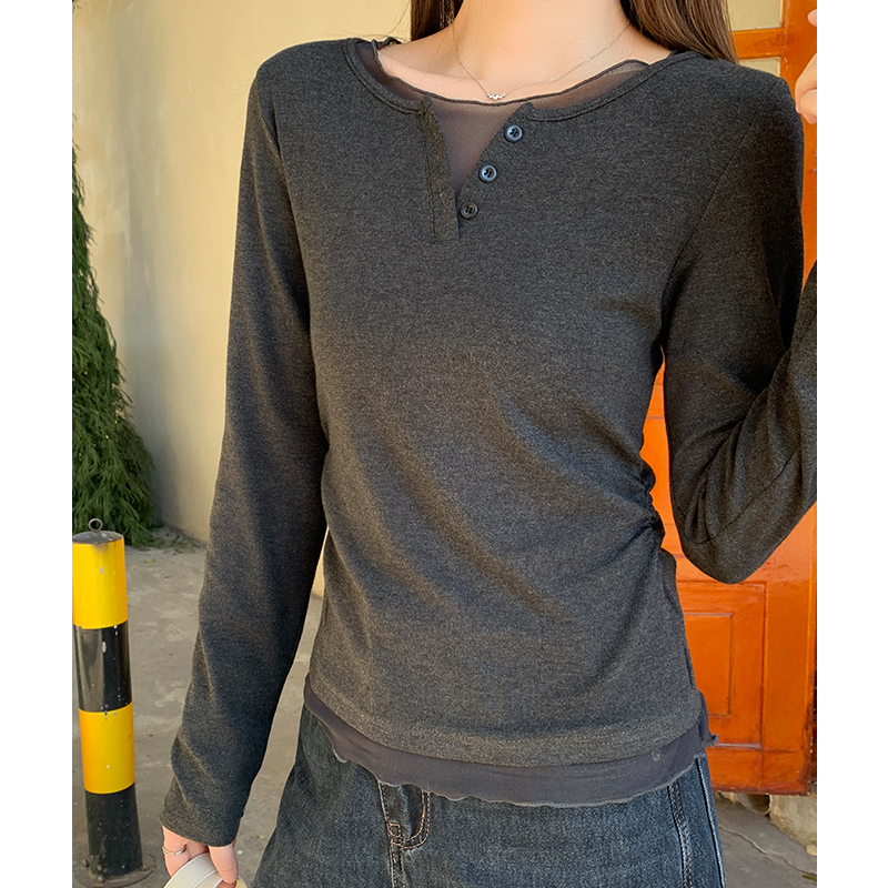 Gray splice gauze long sleeve autumn show young T-shirt
