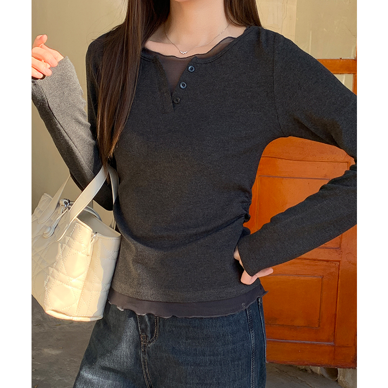 Gray splice gauze long sleeve autumn show young T-shirt