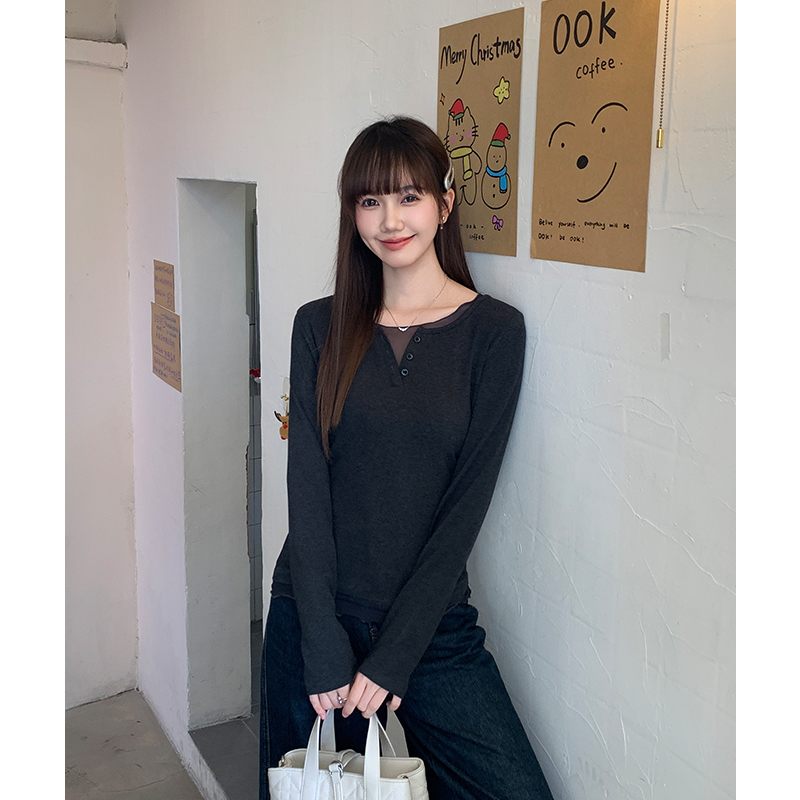 Gray splice gauze long sleeve autumn show young T-shirt