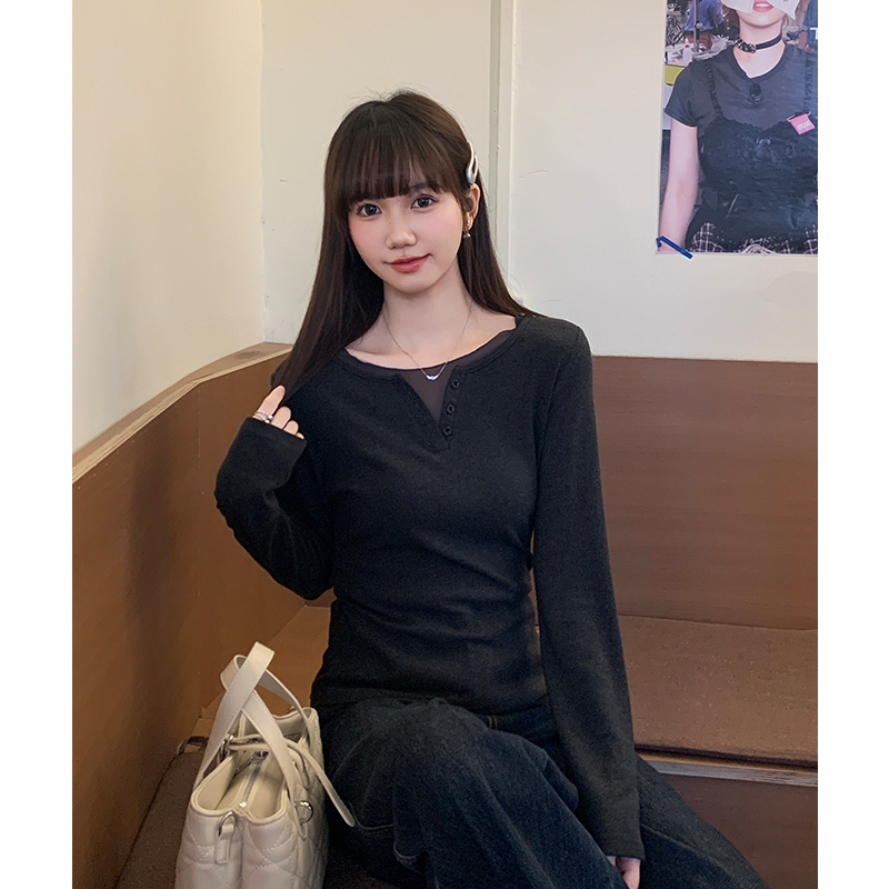 Gray splice gauze long sleeve autumn show young T-shirt