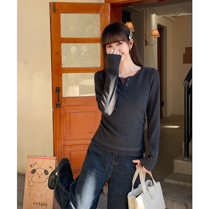 Gray splice gauze long sleeve autumn show young T-shirt