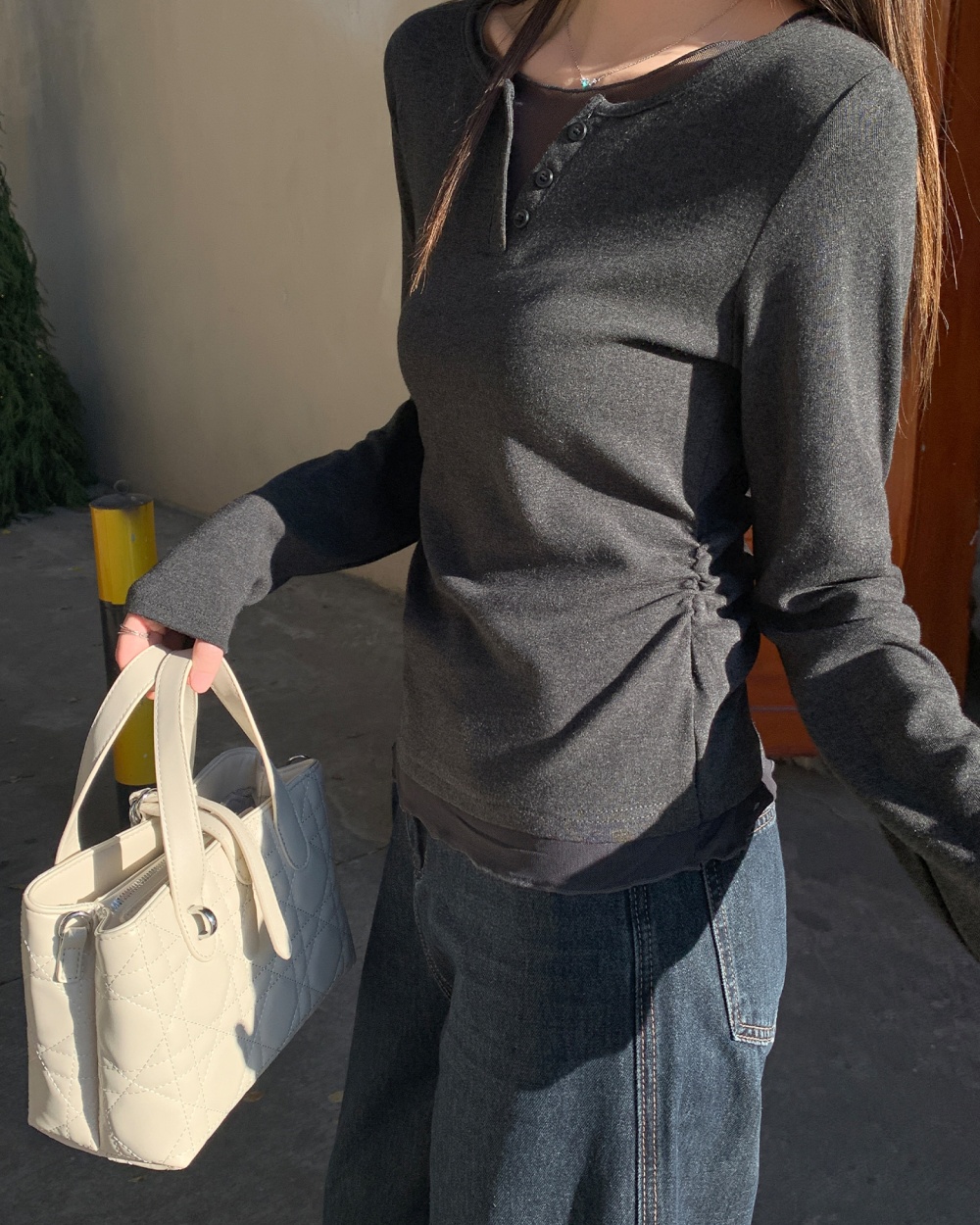 Gray splice gauze long sleeve autumn show young T-shirt