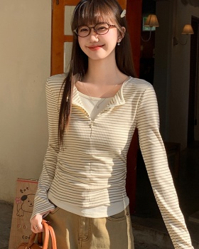 Half zip slim autumn and winter Pseudo-two stripe T-shirt