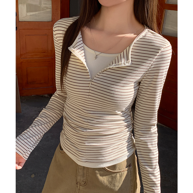 Half zip slim autumn and winter Pseudo-two stripe T-shirt