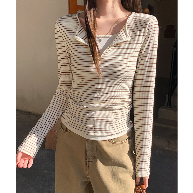 Half zip slim autumn and winter Pseudo-two stripe T-shirt